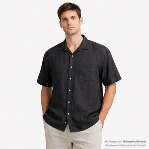 Reunion Men’s M Black Linen Blend Short Sleeve Button-Up Shirt Vintage